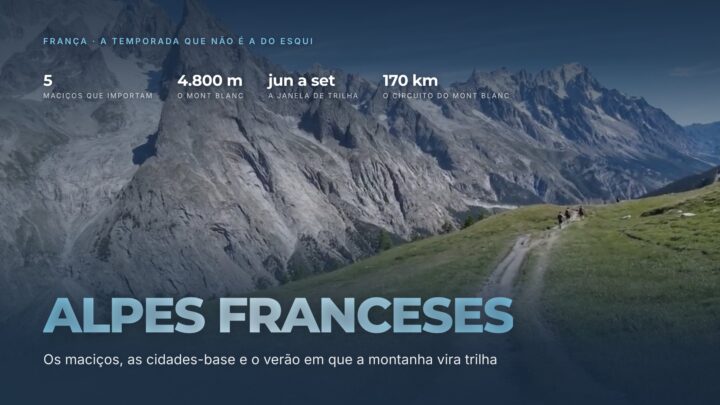 Alpes franceses: os maciços, as cidades-base e o verão a pé. Capa sobre foto de trilha no maciço do Mont Blanc, com os cinco maciços, os 4.800 metros do Mont Blanc, a janela de junho a setembro e os 170 km do circuito