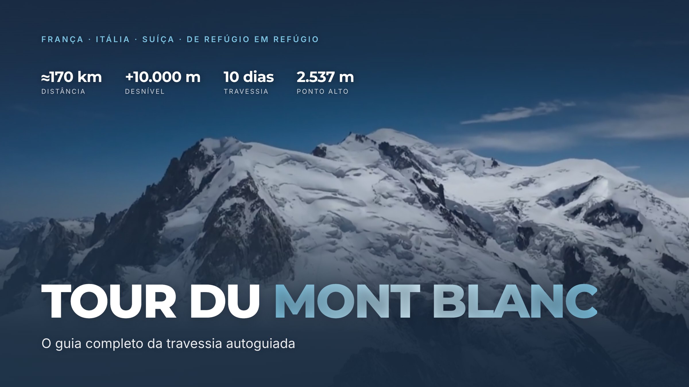 Tour du Mont Blanc: o guia completo da travessia autoguiada. Capa sobre foto do maciço do Mont Blanc, com 170 km, +10.000 m, 10 dias e ponto alto a 2.537 m