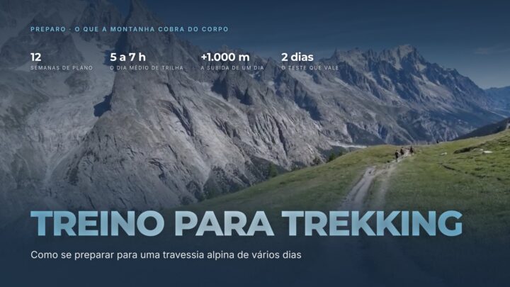 Treino para trekking: como se preparar para uma travessia alpina. Capa sobre foto de caminhantes numa trilha dos Alpes, com 12 semanas de plano, 5 a 7 horas de caminhada por dia, mil metros de subida e o teste de dois dias