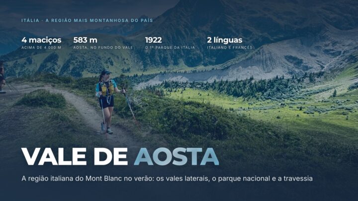 Vale de Aosta: a região italiana do Mont Blanc no verão. Capa sobre foto de trilha em pastagem alta de frente para o maciço, com os quatro cumes acima de 4.000 metros, a altitude de Aosta, o ano de criação do parque nacional e as duas línguas oficiais