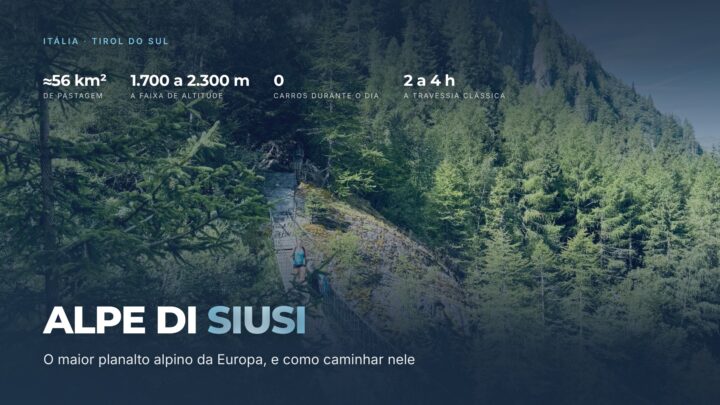 Capa do guia do Alpe di Siusi, com cerca de 56 km² de pastagem entre 1.700 e 2.300 metros, sem carros durante o dia