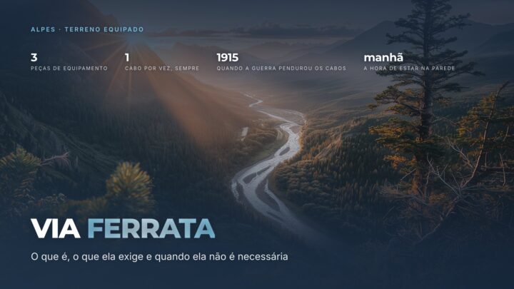 Capa do guia de via ferrata, com as três peças de equipamento, a regra de um cabo por vez e a manhã como hora de estar na parede