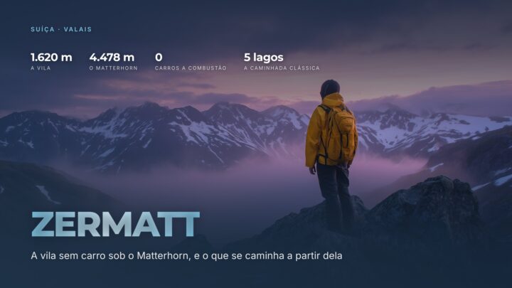 Capa do guia de Zermatt, com a vila a 1.620 metros, o Matterhorn a 4.478, nenhum carro a combustão e a caminhada dos cinco lagos